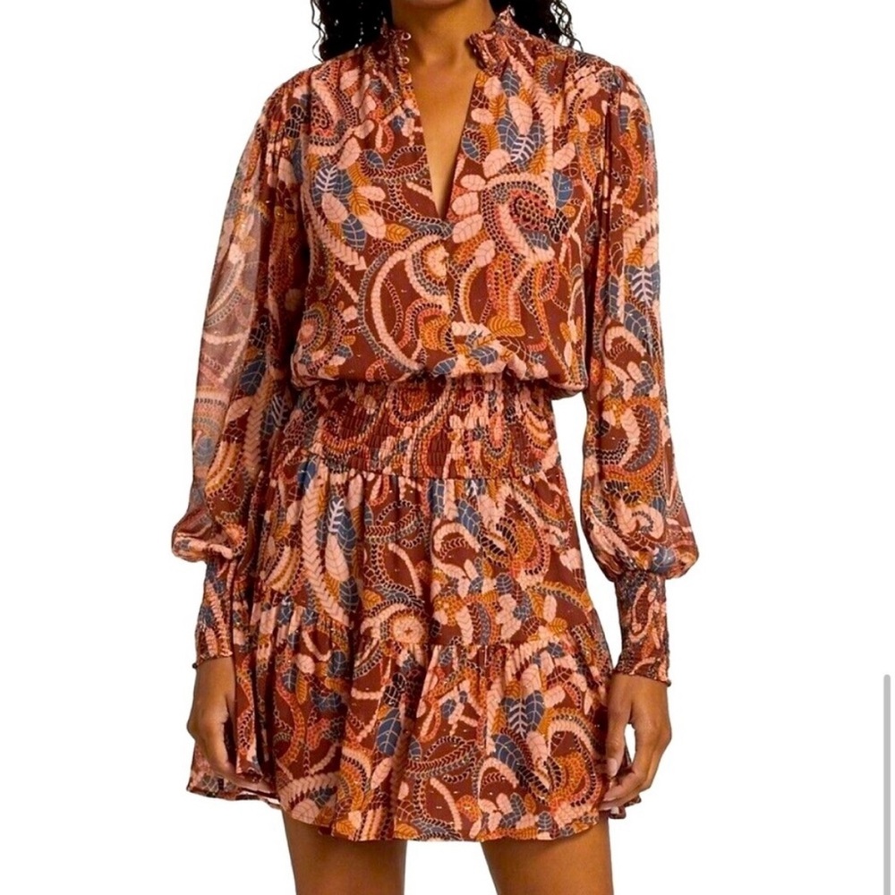 A.L.C. Silvie Smocked Paisley Leaf Print Long Sleeve Mini Dress Women’s 6 Boho